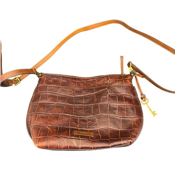 Fossil Brown Soft‎ Leather Crossbody Bag Purse Alligator Texture - Picture 1 of 10